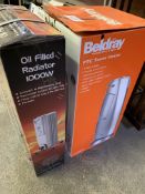 A Beldray tower heater in box, together with a boxed oil filled radiator