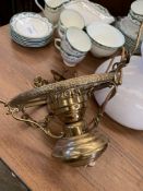 Brass and glass hanging ceiling lamp styled as an oil filled lamp