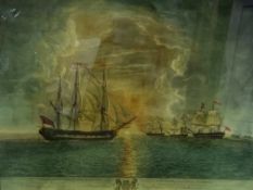 Framed and glazed coloured print of 18th Century Royal Navy "Men o' War'