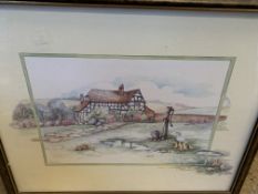 Watercolour of an Old Farmhouse by Glenda Rae; together with two other paintings