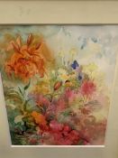 A framed and glazed watercolour of flowers, together with a framed and glazed oil on material.