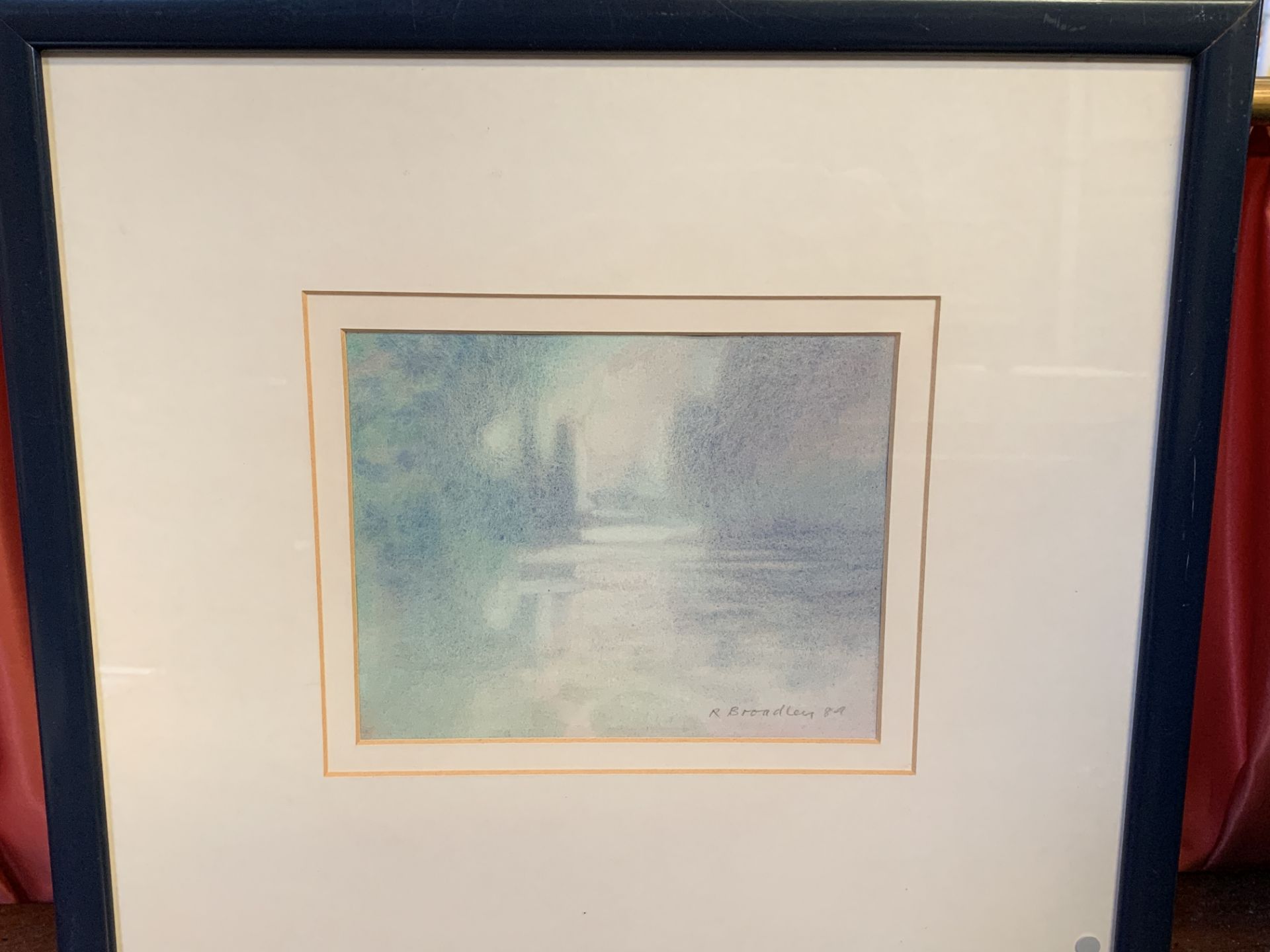 Watercolour 'Early Morning, Buckinghamshire Lake' and an Oriental silk painting - Image 2 of 2