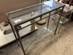 Two decorative white metal framed glass topped side tables