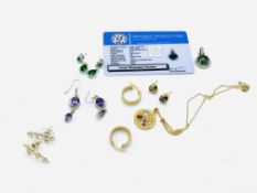 A pair of 14ct gold small hoop earrings, and other jewellery
