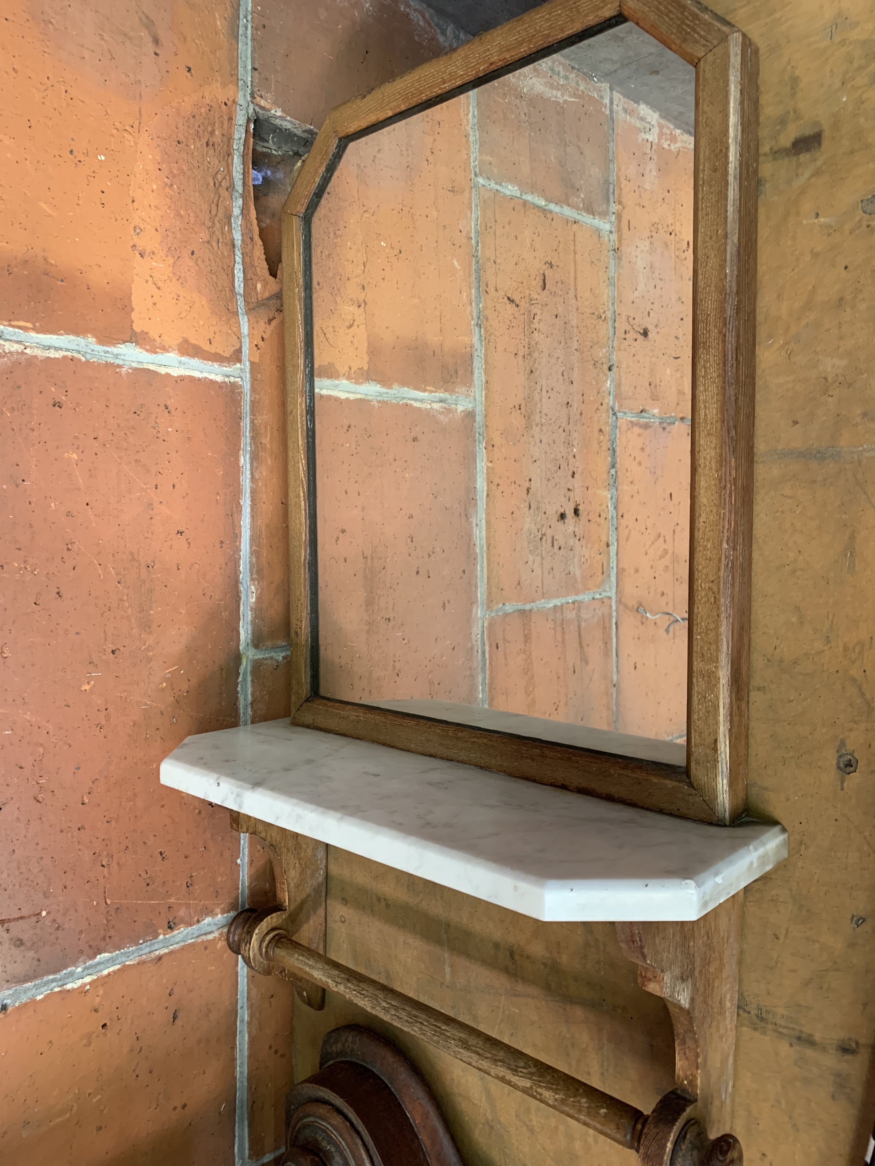 A wall mirror with marble shelf, together with a toilet mirror on mahogany stand - Image 2 of 5