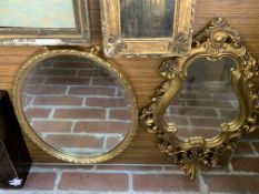 Two gilt framed mirrors together with a gilt framed oil on canvas and gilt framed oil on board