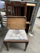 Oak framed chair, a CD rack, and a white metal mounted oak galleried tray,
