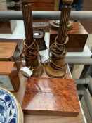 Pair of wooden columned table lamps and other items