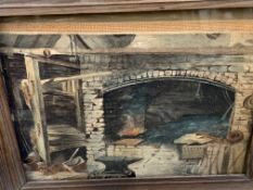 A framed and glazed watercolour of a Blacksmith's forge, together with a framed and glazed print