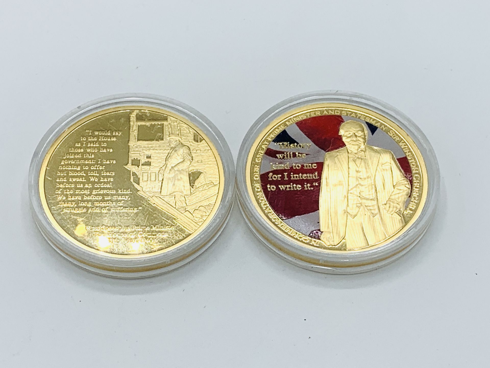 Two gold plated Sir Winston Churchill commemorative coins