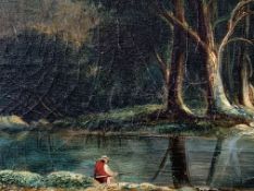 Oil on canvas of a man fishing and a framed oil on board of a stag with hounds signed Toldy M