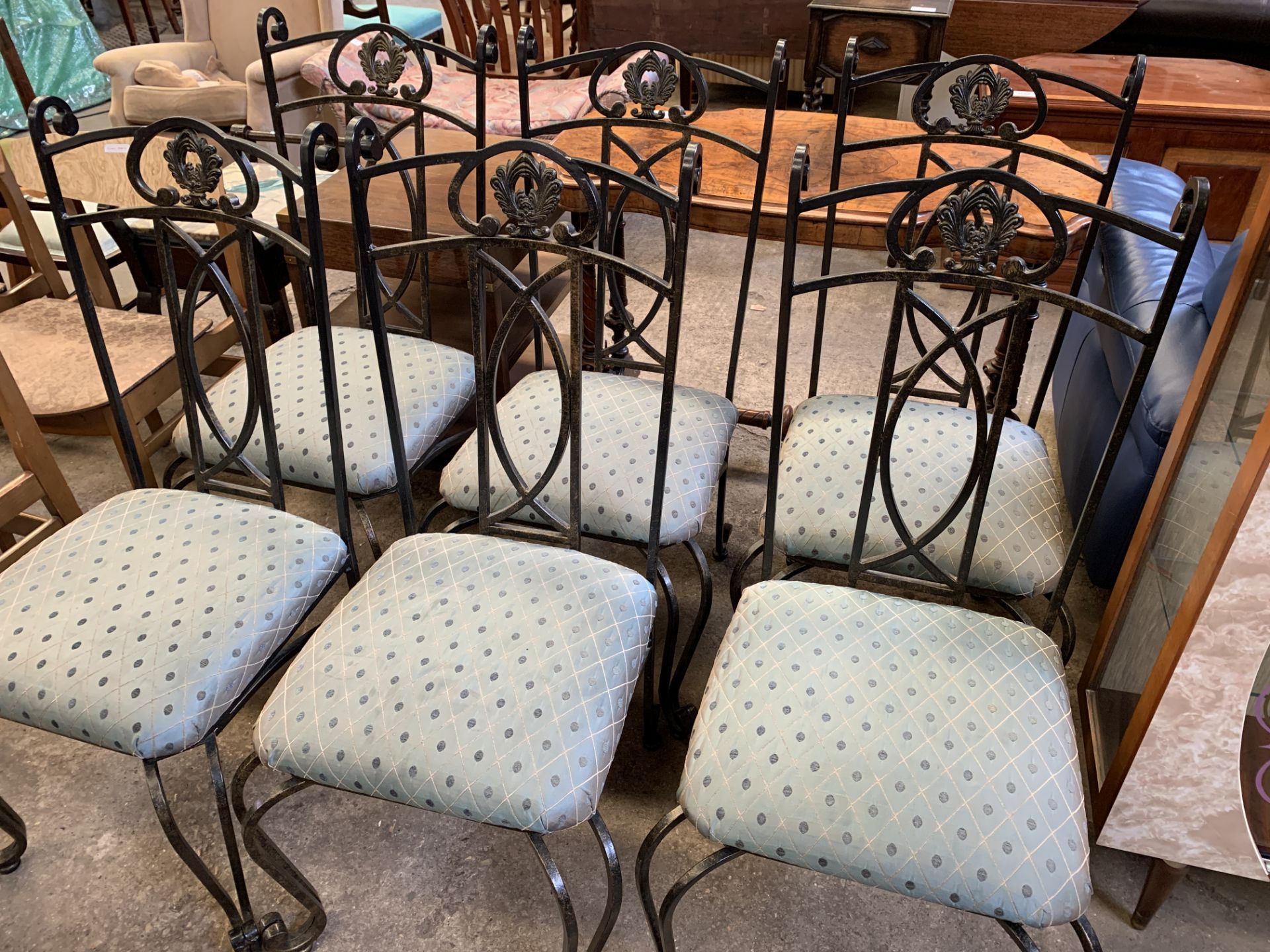 Six metal framed high back dining chairs