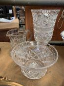 Cut glass vase; cut glass lemonade jug; cut glass bowl
