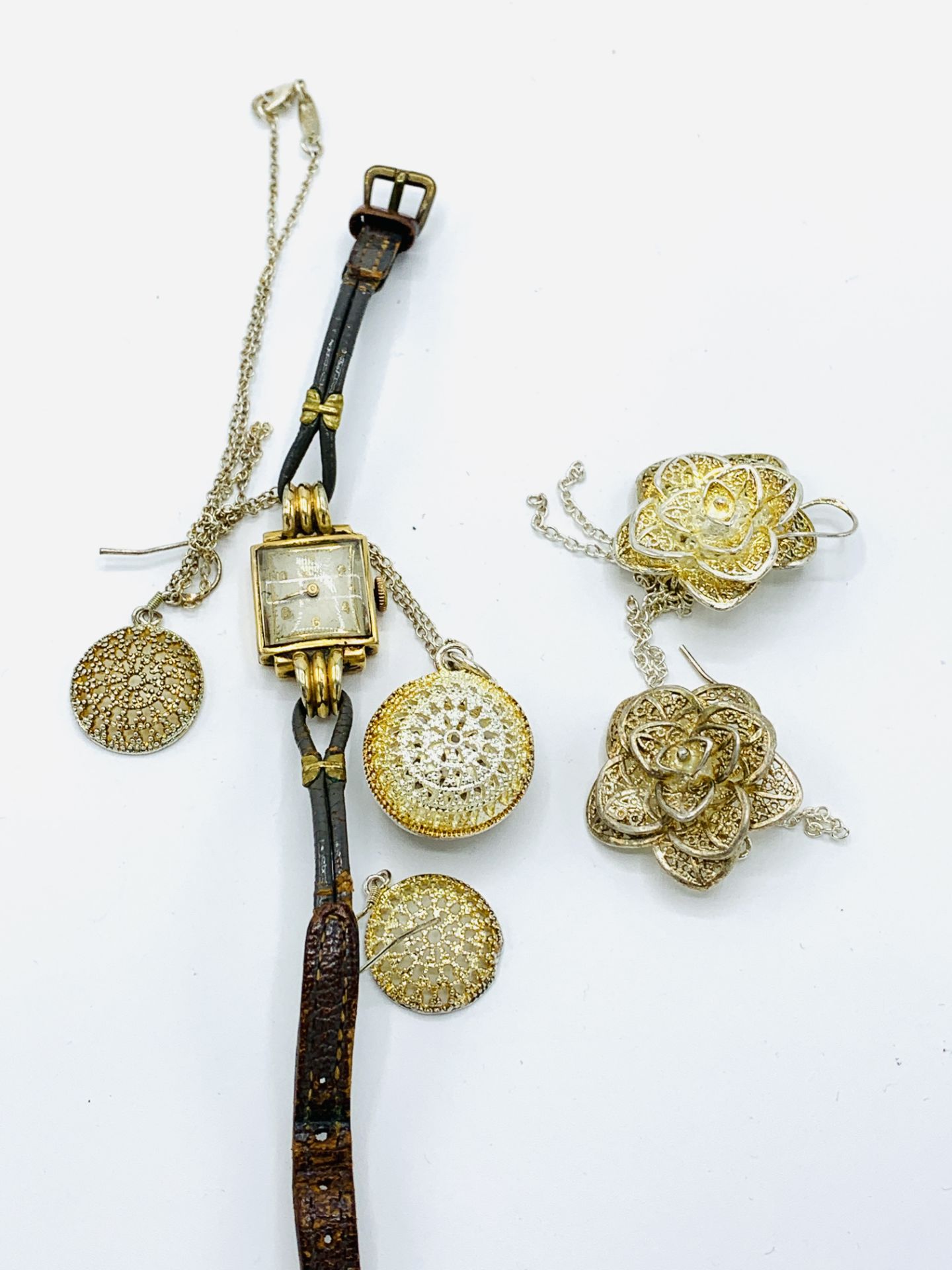 2 hallmarked silver earrings, gold plate case cocktail watch; circular pendant on 925 silver chain