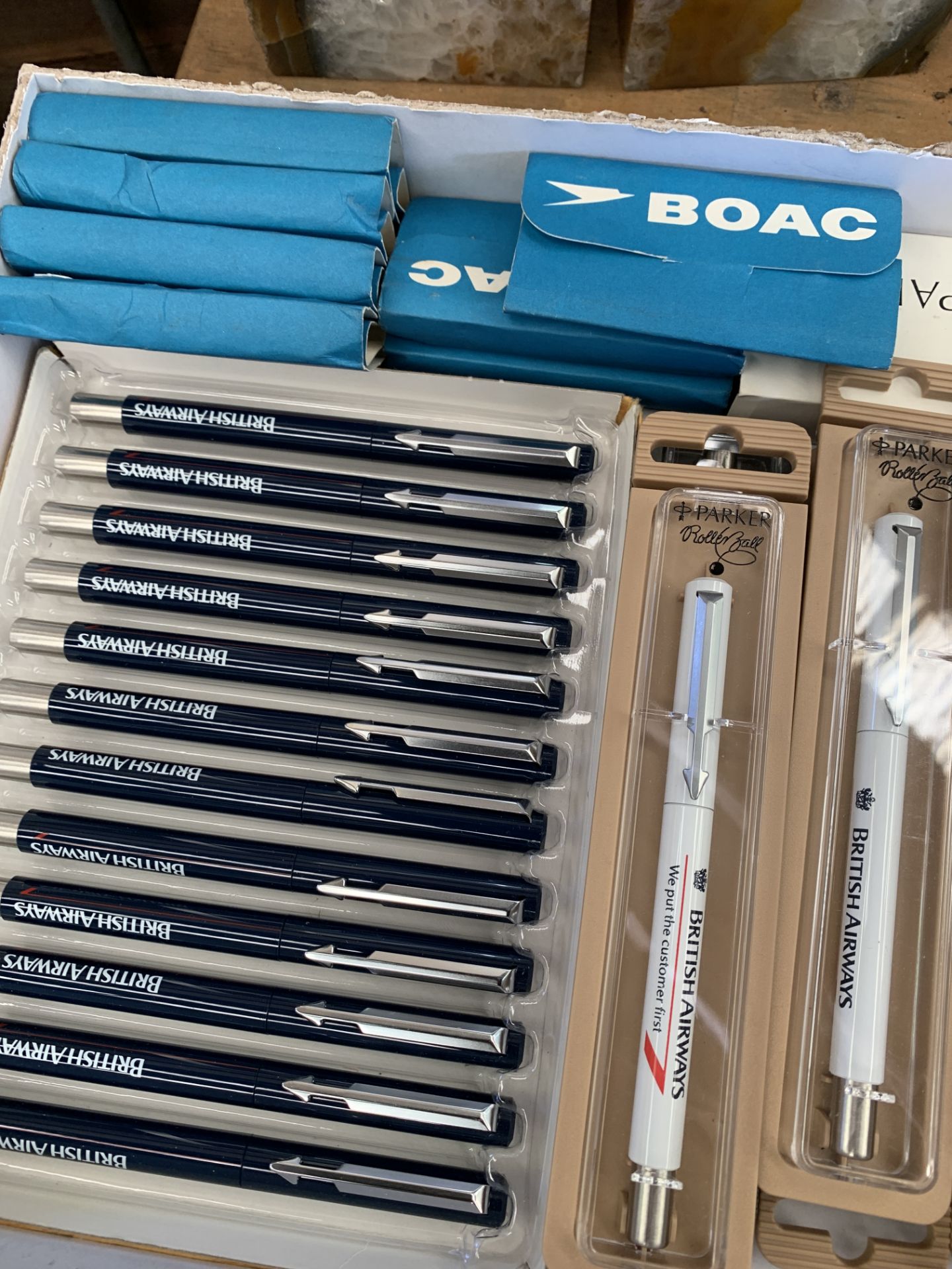 Collection of British Airways pens and BOAC golf tees