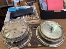 An oak mounted silver plate ship's clock and barometer