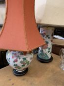 Two Oriental style table lamps on wooden bases