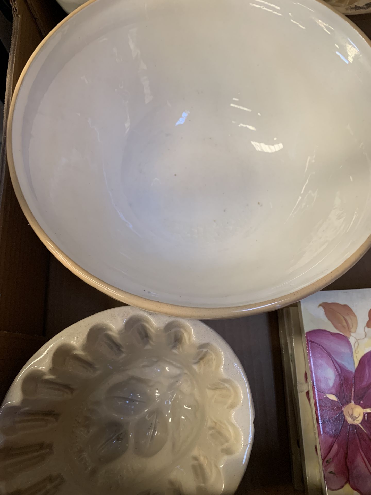 A stoneware mixing bowl, three stoneware jelly moulds and 6 decorative tiles. - Image 3 of 4