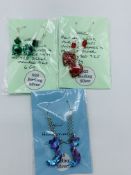 Three pairs 925 silver, glass and bead long drop earrings