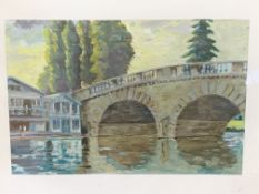 Framed and glazed oil on canvas mounted on card, of a bridge and a rowing club, unsigned.