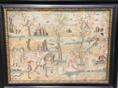 Framed and glazed tapestry depicting a humorous 17th century scene