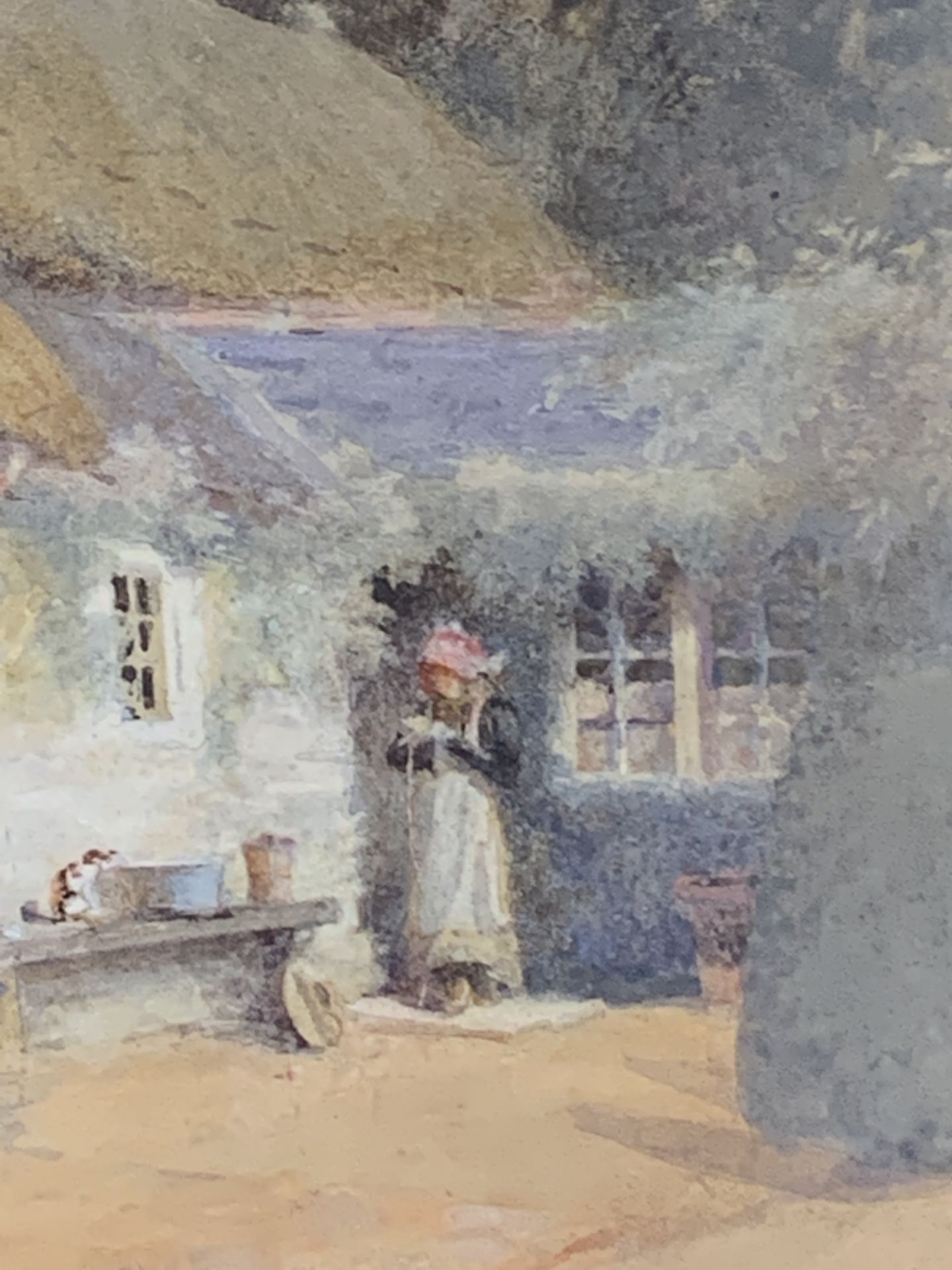Framed and glazed watercolour of a lady in front of a country cottage - Bild 2 aus 3