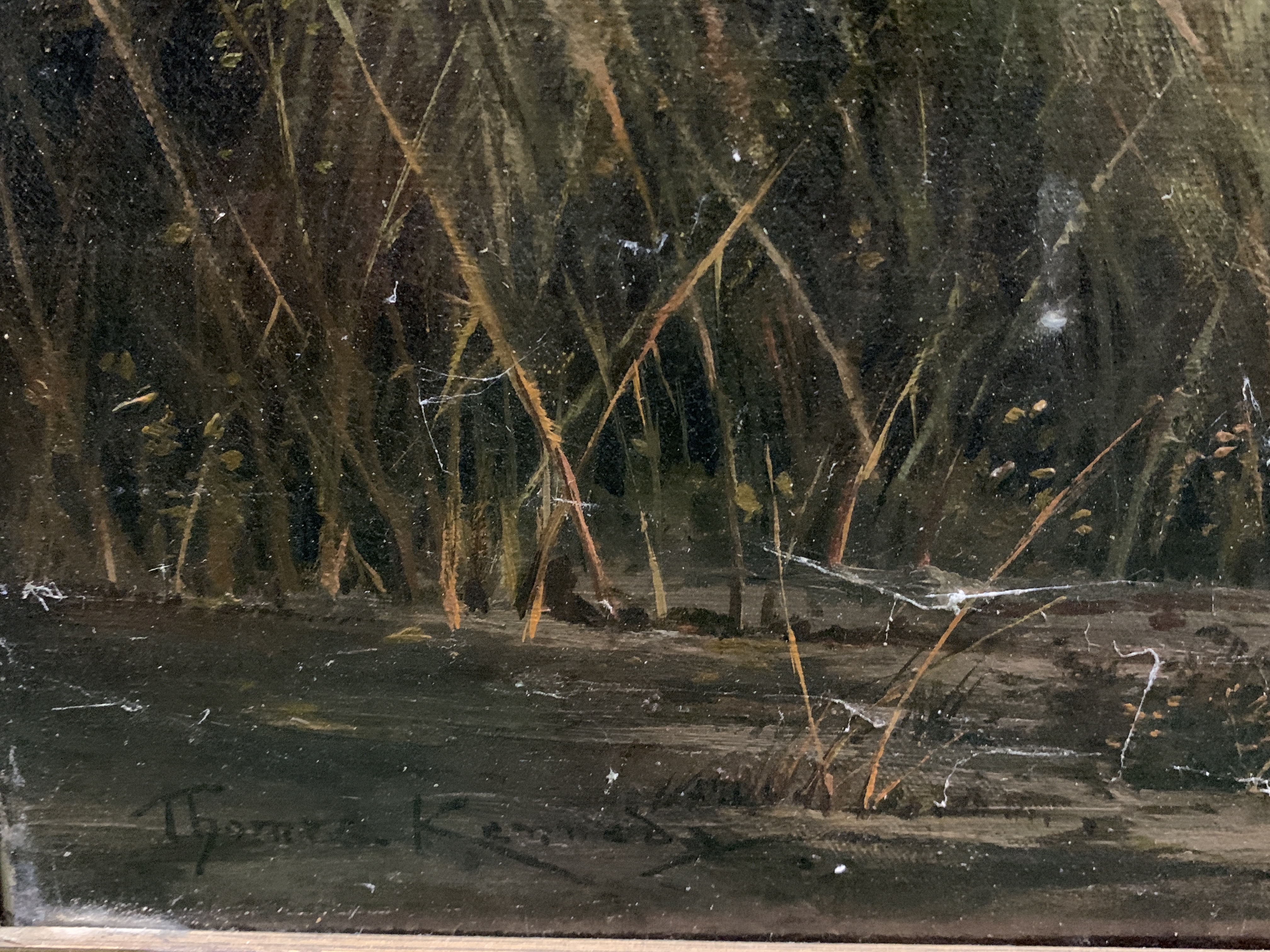 Gilt framed oil on canvas of a river and landscape, written on reverse "On the River Kennett" - Image 2 of 5