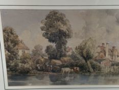 Framed and glazed watercolour scene of a river ford and buildings, signed monogram HD, 1848