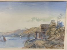 Large gilt framed and glazed watercolour of a lake scene, signed monogram E.E