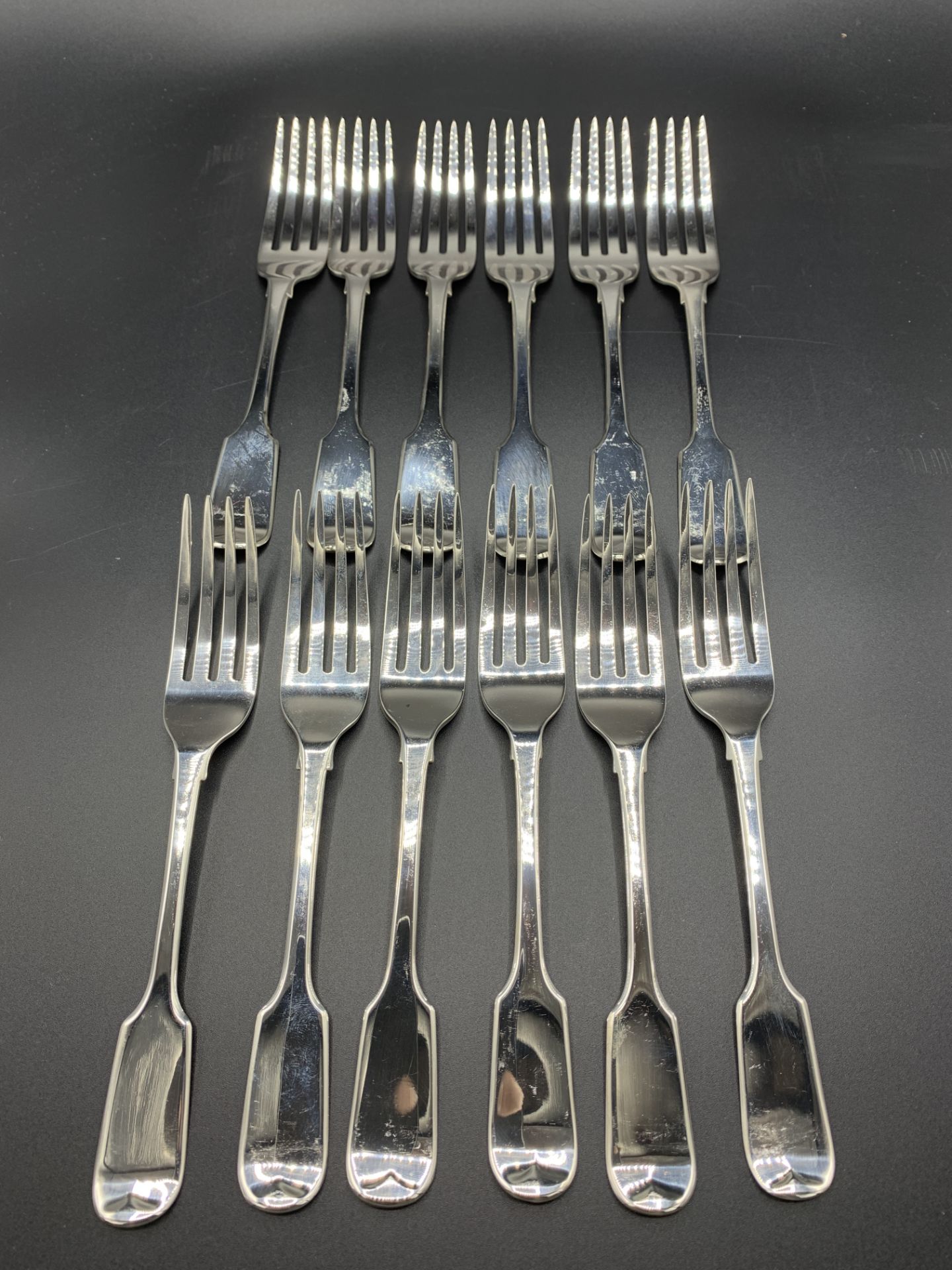 Twelve Victorian silver fiddle pattern dessert forks, London 1842 by Samuel Hayne and Dudley Cater