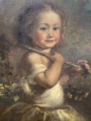 Gilt framed oil on board of a young girl carrying a stick over her shoulder