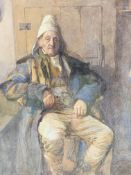 Framed and glazed watercolour of an old man seated on a chair in a parlour