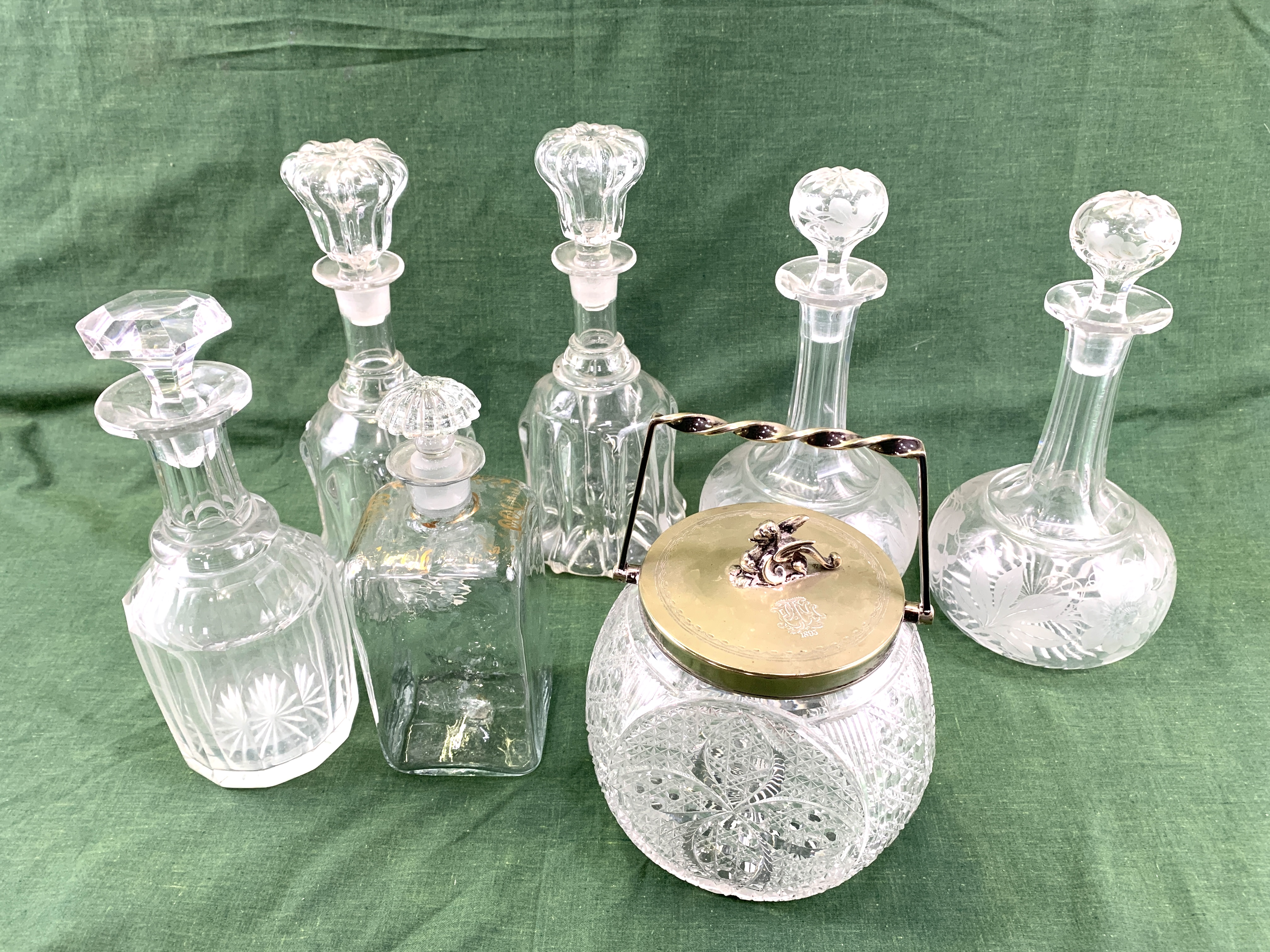 A pair of Victorian decanters, a pair of Edwardian decanters, and a cut glass biscuit barrel - Image 3 of 6