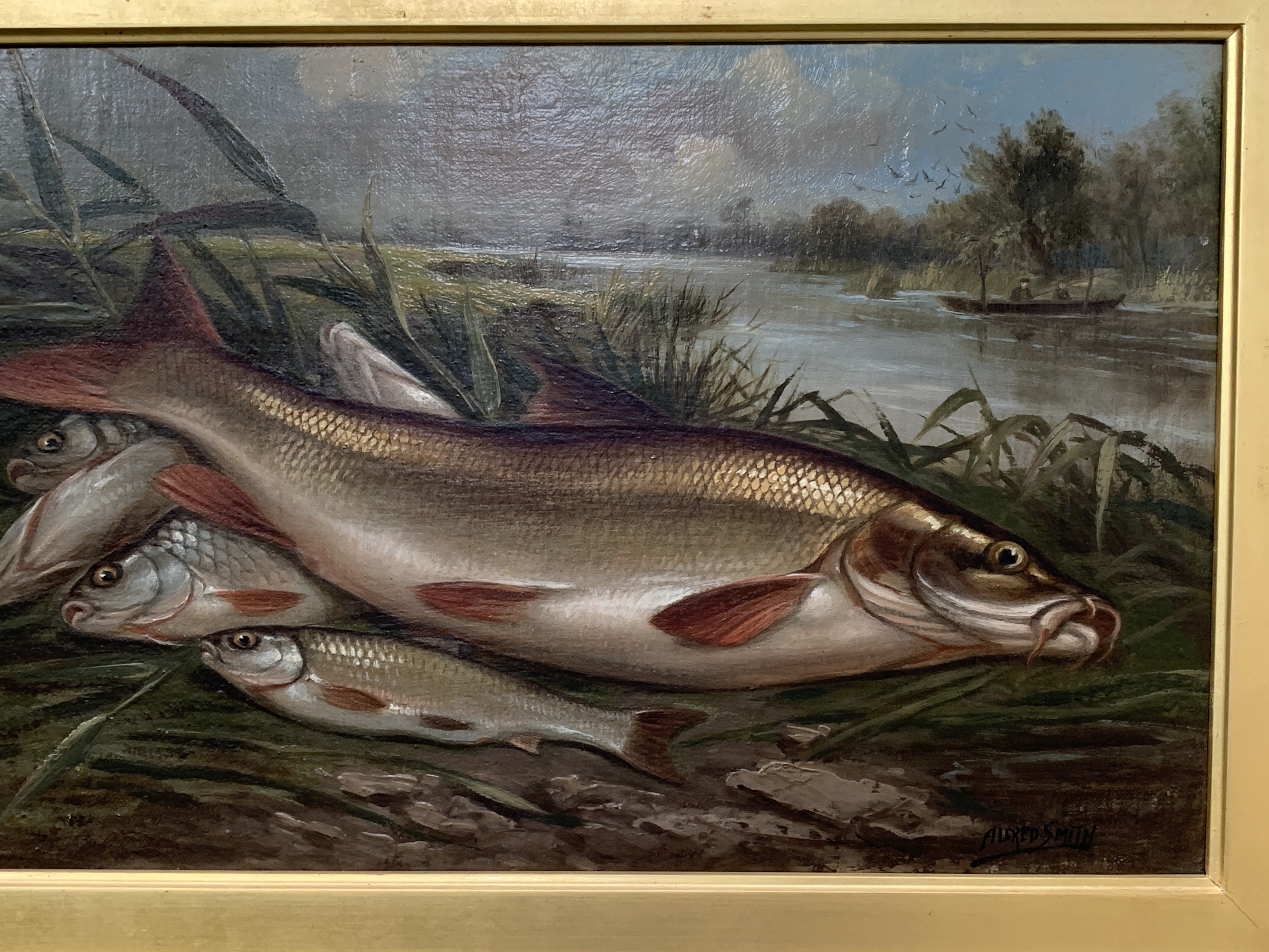 Gilt framed oil on canvas signed Alfred Smith with label on reverse "Fish on a Riverbank" - Image 4 of 4