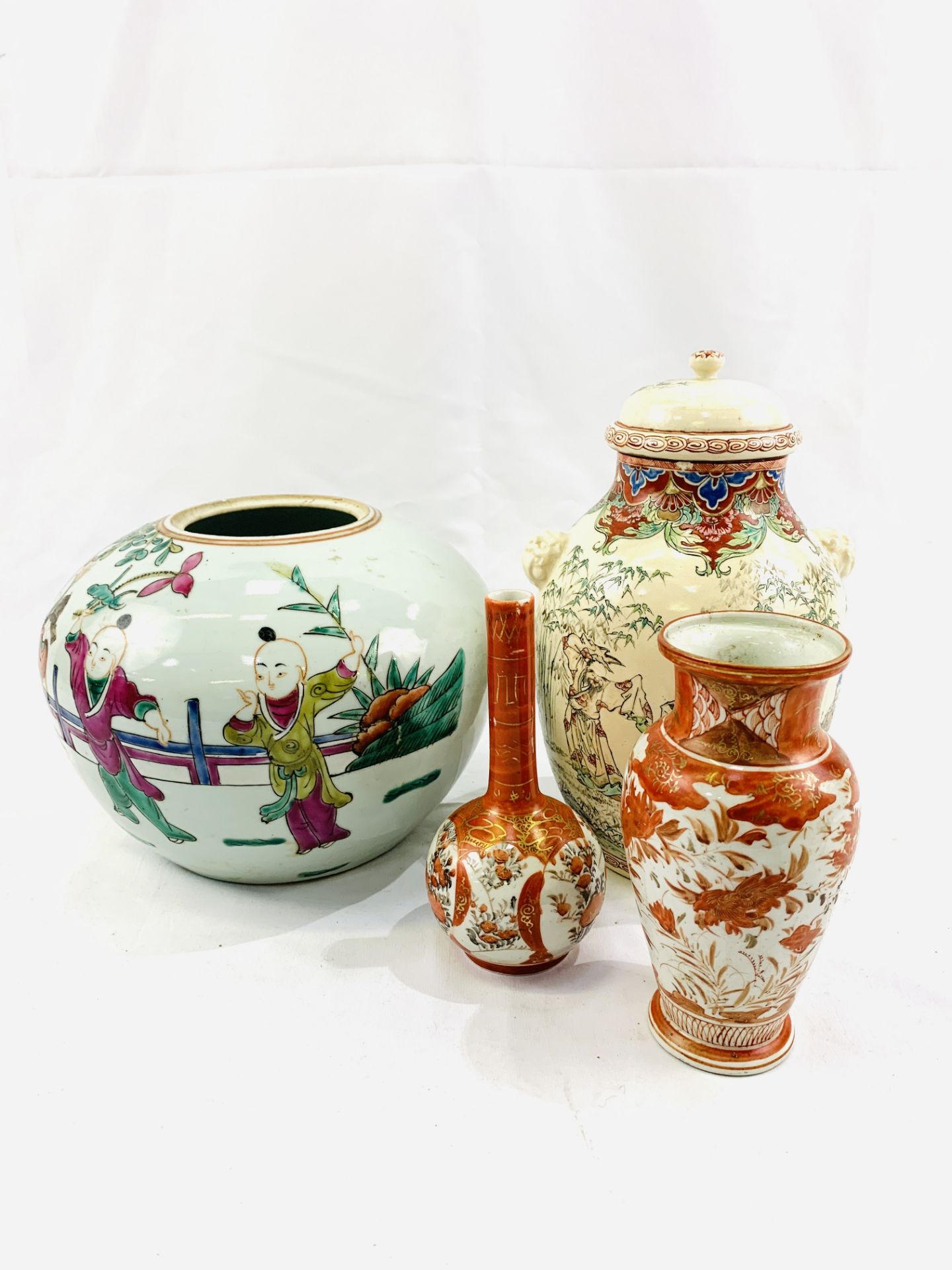 Chinese jar together with a cream glazed lidded jar and two Kutani vases signed to base
