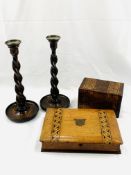 Pair of wooden candlesticks, book shaped writing box; and a tea caddy