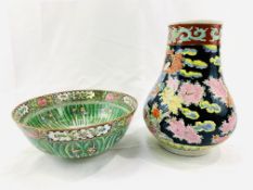 A famille verte Chinese bowl together with an Imari vase