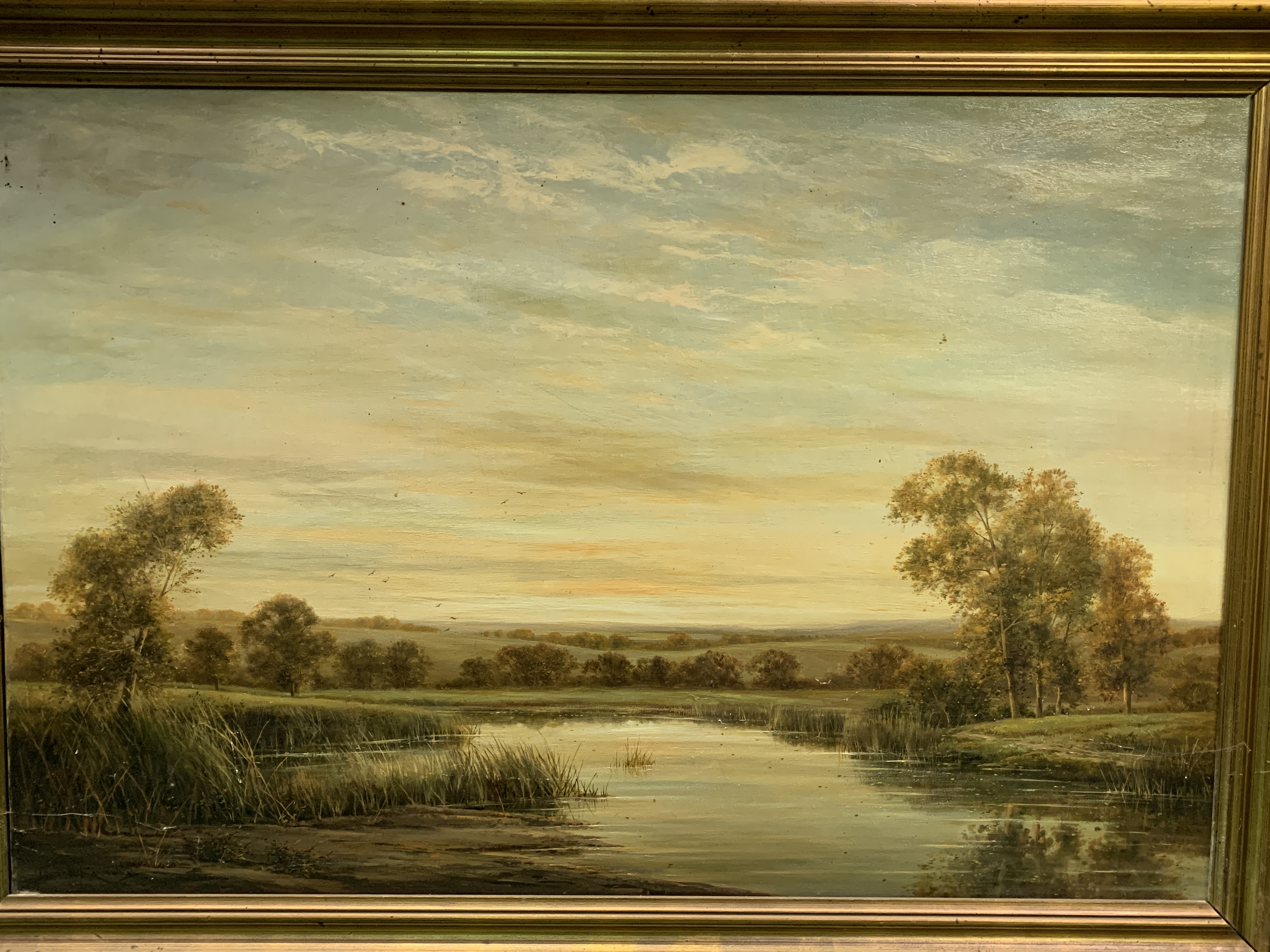 Gilt framed oil on canvas of a river and landscape, written on reverse "On the River Kennett" - Image 4 of 5