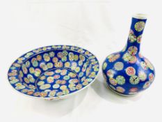 Chinese blue glaze bowl, 40 x 12cms and matching bottle