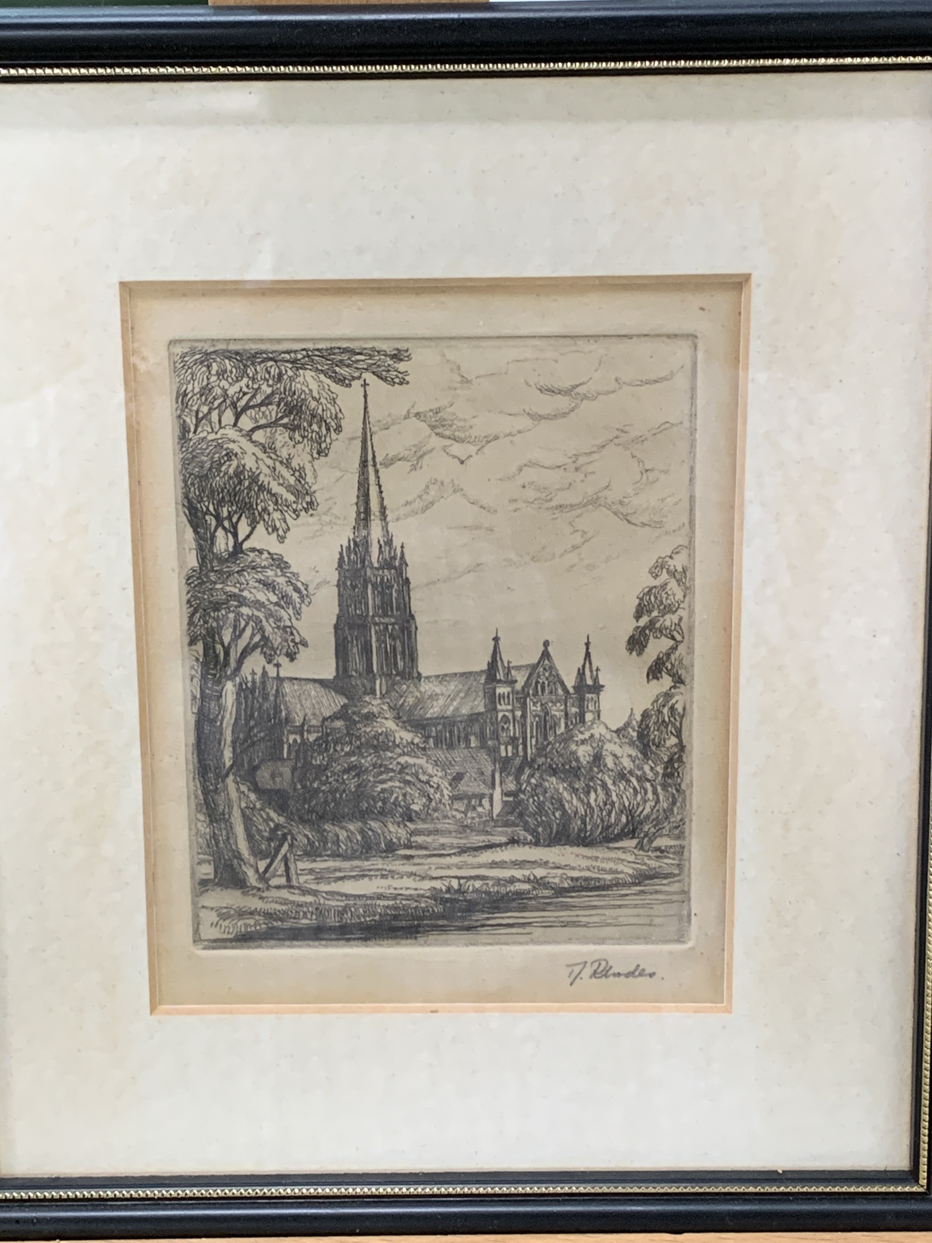Framed and glazed etching of Salisbury Cathedral, together with a watercolour - Image 3 of 3