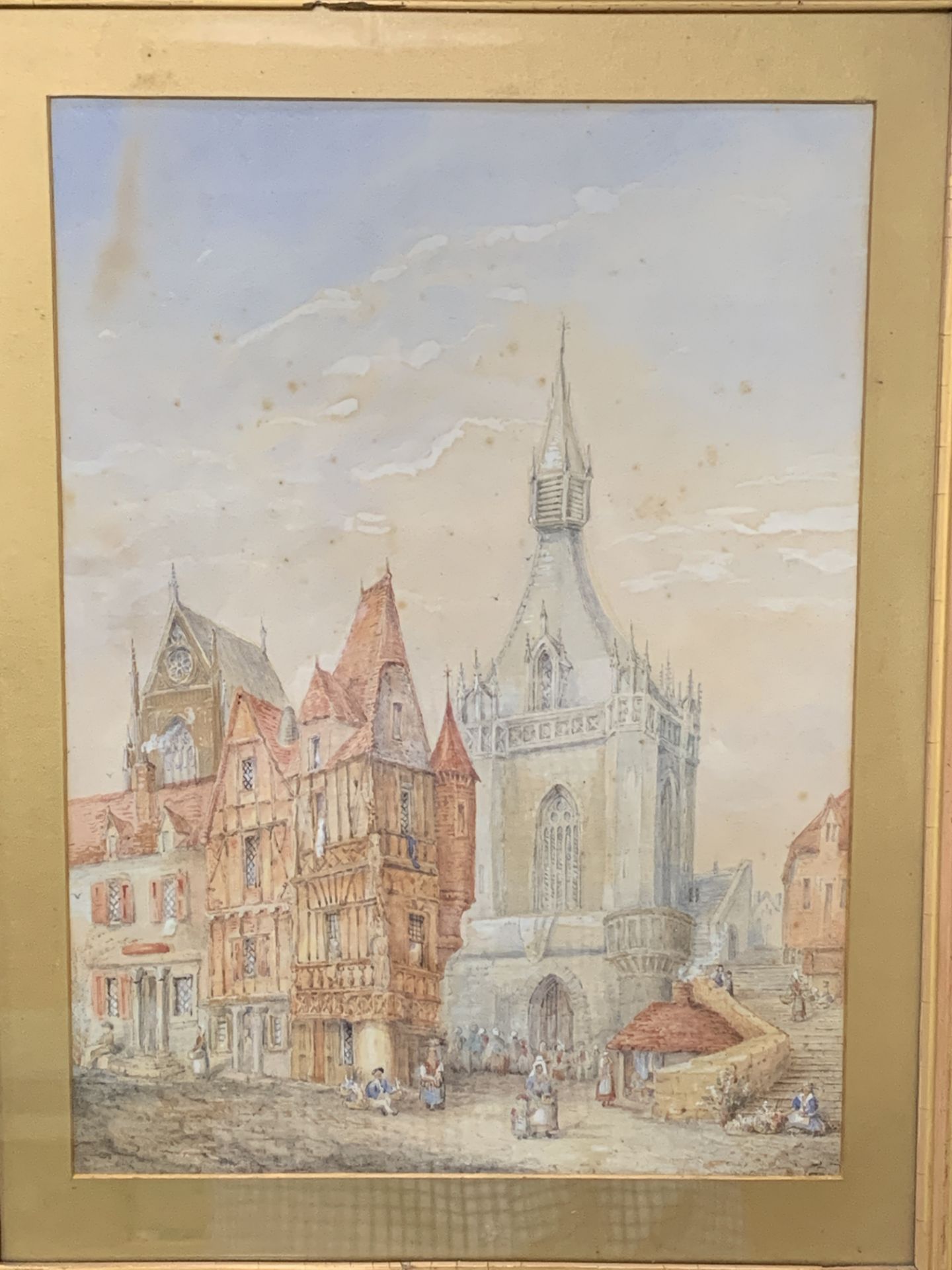 Gilt framed watercolour of a medieval street scene, unsigned; together with three others.