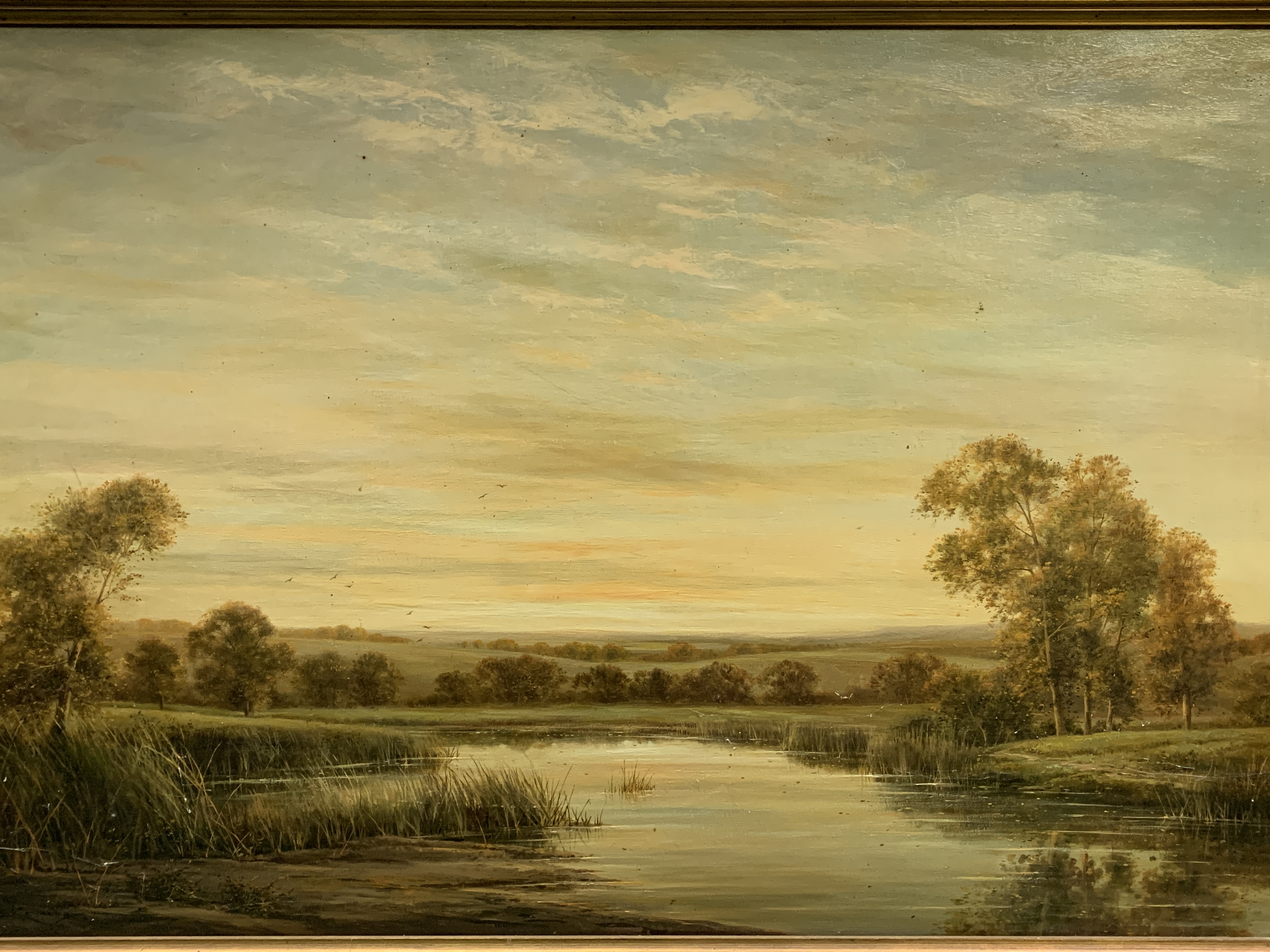 Gilt framed oil on canvas of a river and landscape, written on reverse "On the River Kennett" - Image 3 of 5
