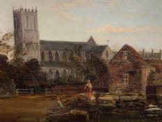 Gilt framed oil on board of a Church and Mill scene signed Richard Allam