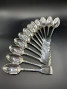 Twelve Victorian silver fiddle pattern table spoons by Samuel Hayne and Dudley Cater