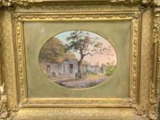 Gilt framed and glazed watercolour of children playing on a swing in front of a thatched barn.