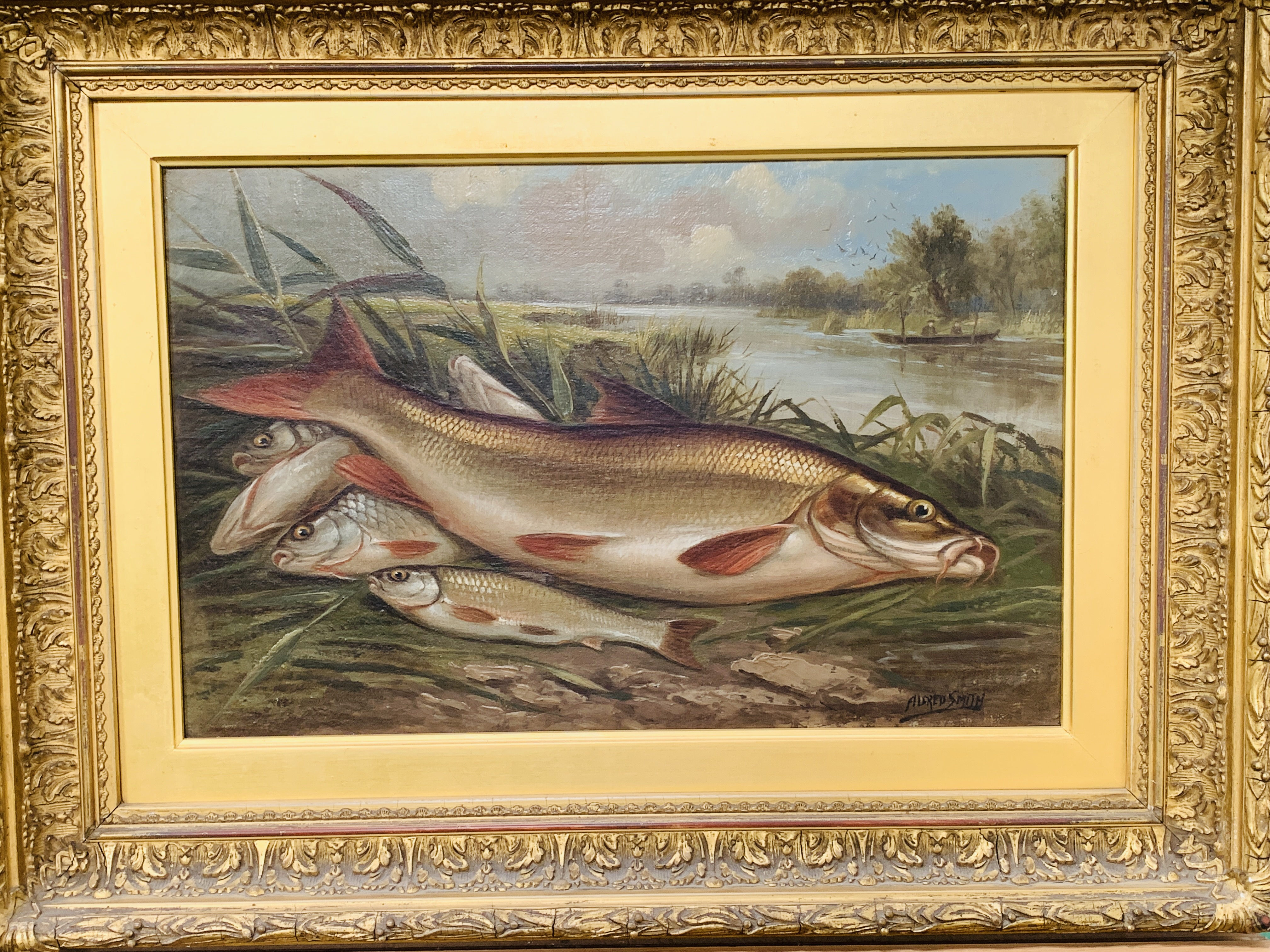 Gilt framed oil on canvas signed Alfred Smith with label on reverse "Fish on a Riverbank" - Image 3 of 4
