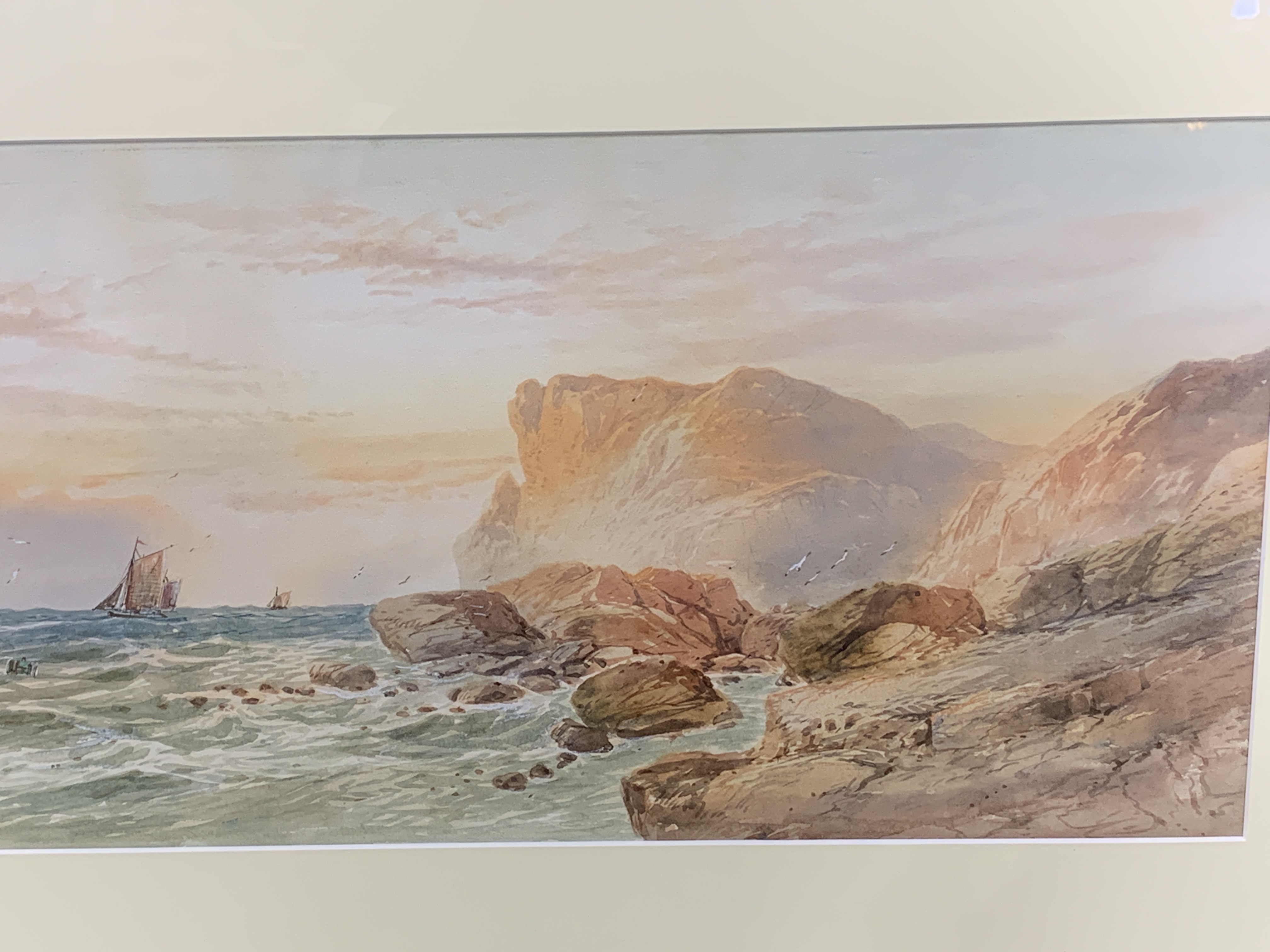 Framed and glazed watercolour of cliffs and sailing ships, signed W H Earp. - Image 3 of 3