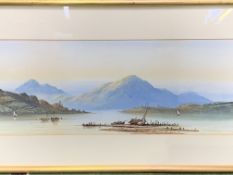 Framed and glazed watercolour of boats on a lake with mountains.