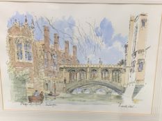 Framed and glazed watercolour of the Bridge of Sighs, Cambridge