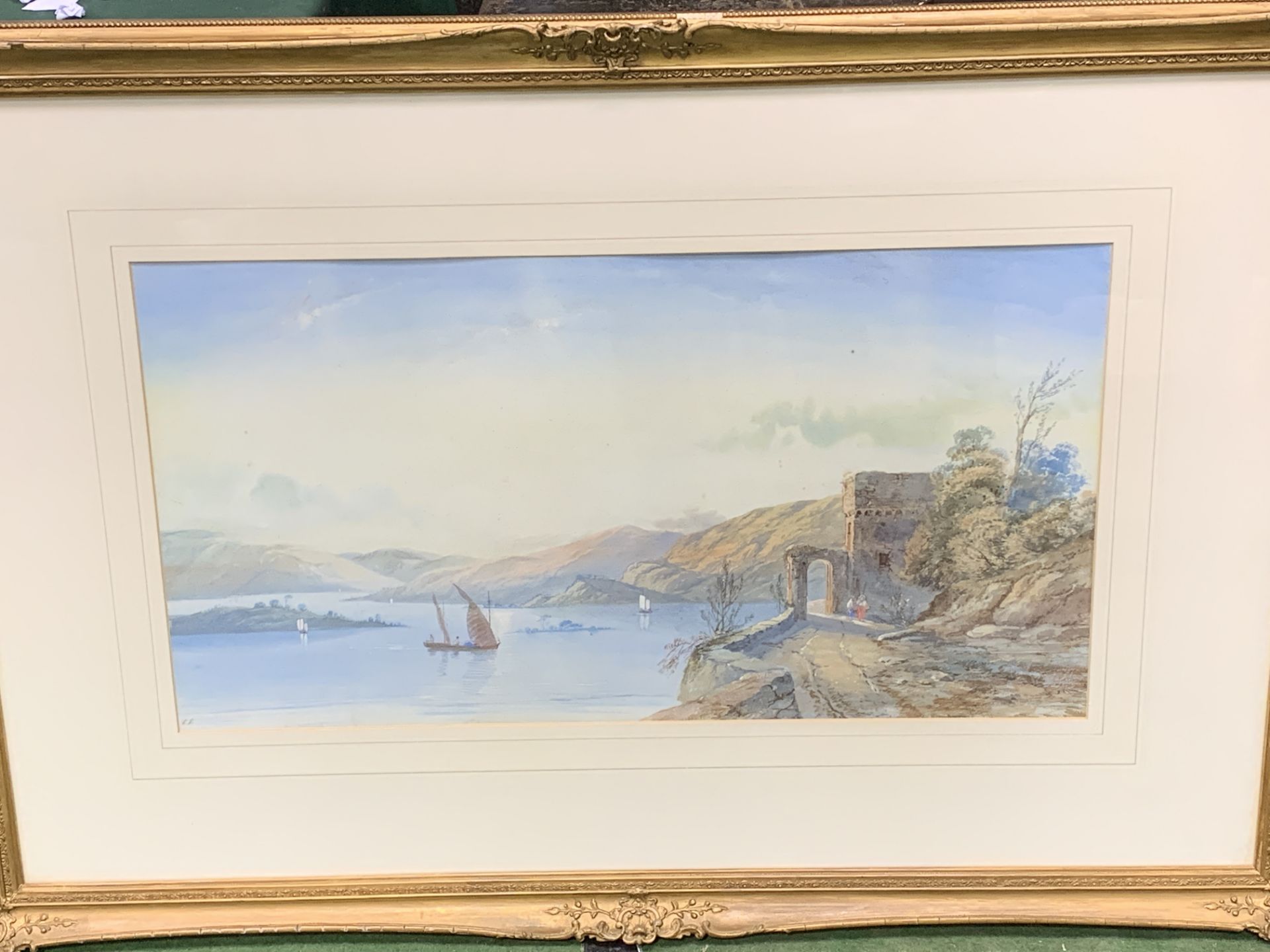 Large gilt framed and glazed watercolour of a lake scene, signed monogram E.E - Bild 4 aus 4